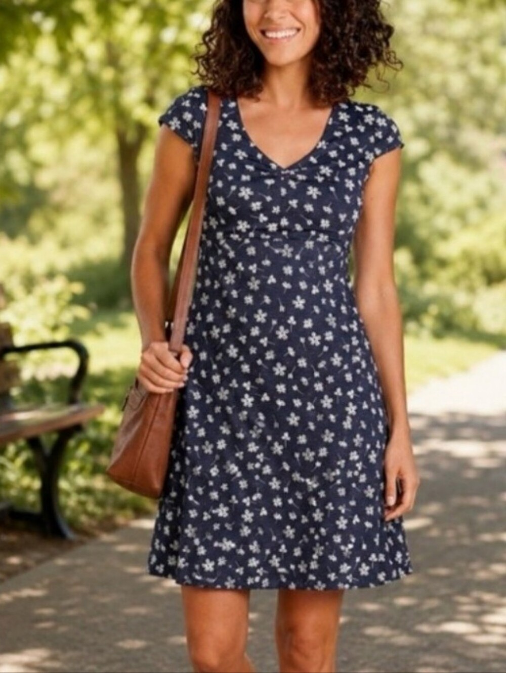 Toad&Co Navy Floral Print Short Sleeved above the Knee Length Dress Size Large - Picture 1 of 12